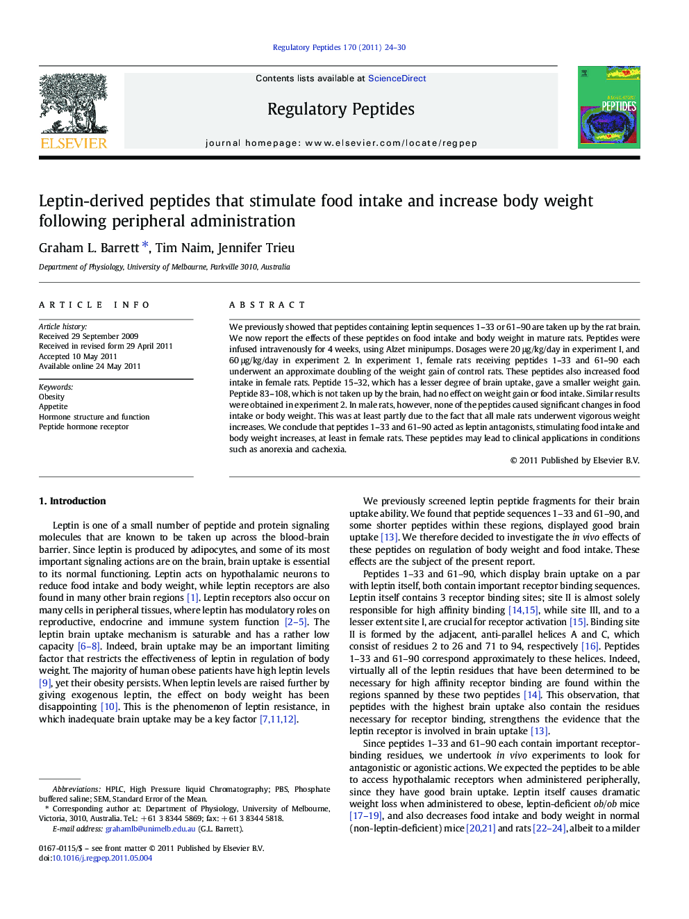 Leptin-derived peptides that stimulate food intake and increase body weight following peripheral administration