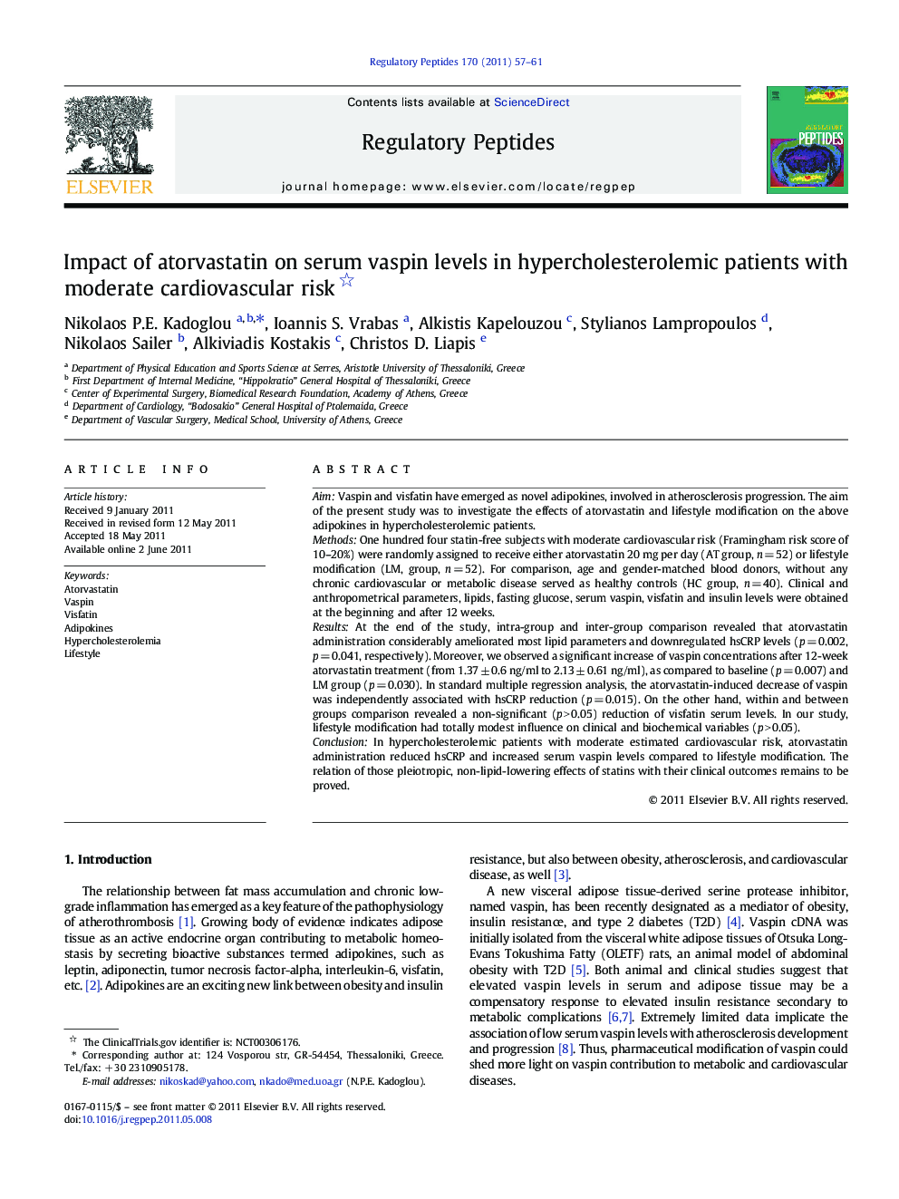 Impact of atorvastatin on serum vaspin levels in hypercholesterolemic patients with moderate cardiovascular risk 