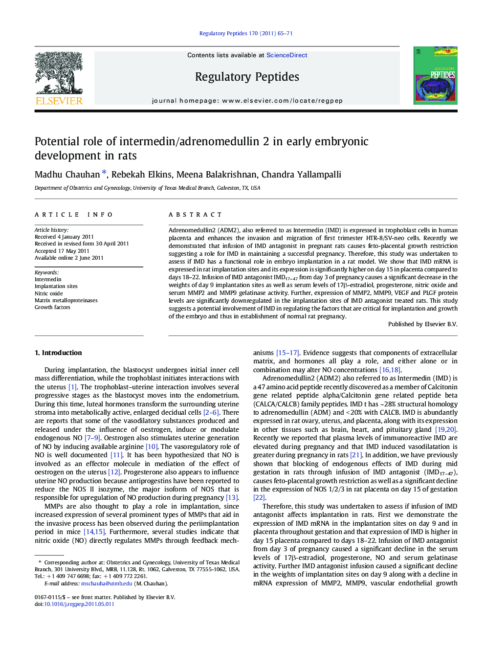 Potential role of intermedin/adrenomedullin 2 in early embryonic development in rats