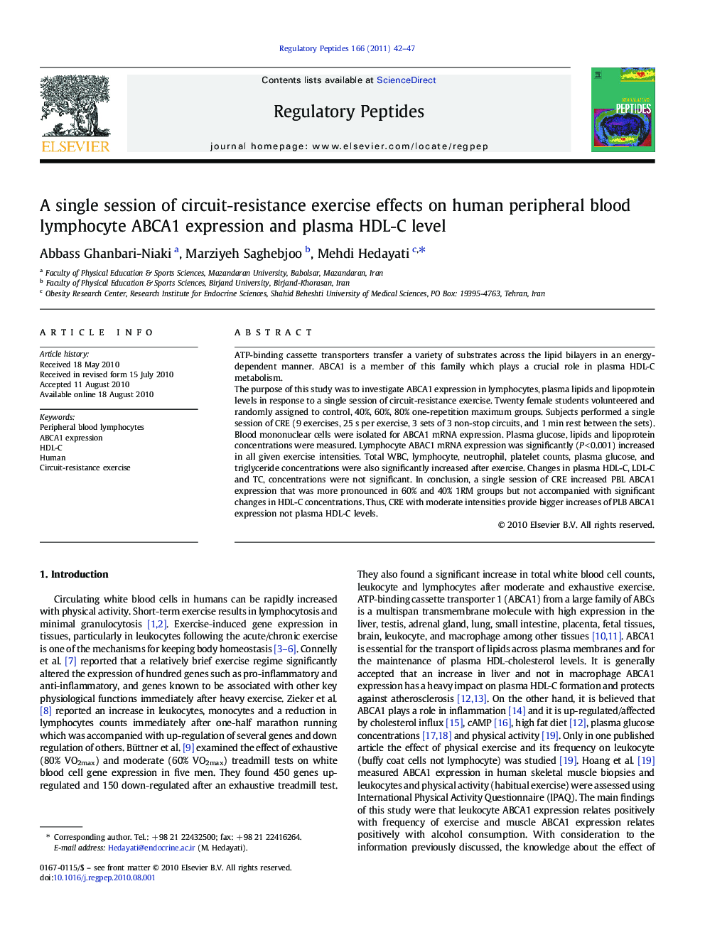 A single session of circuit-resistance exercise effects on human peripheral blood lymphocyte ABCA1 expression and plasma HDL-C level