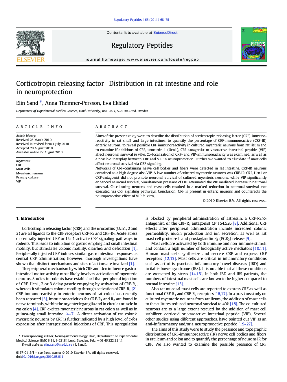 Corticotropin releasing factor—Distribution in rat intestine and role in neuroprotection