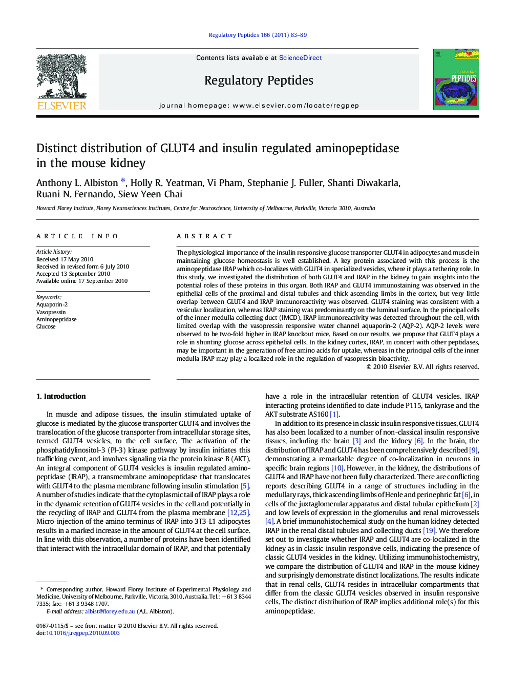 Distinct distribution of GLUT4 and insulin regulated aminopeptidase in the mouse kidney