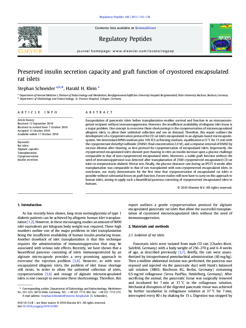 Preserved insulin secretion capacity and graft function of cryostored encapsulated rat islets