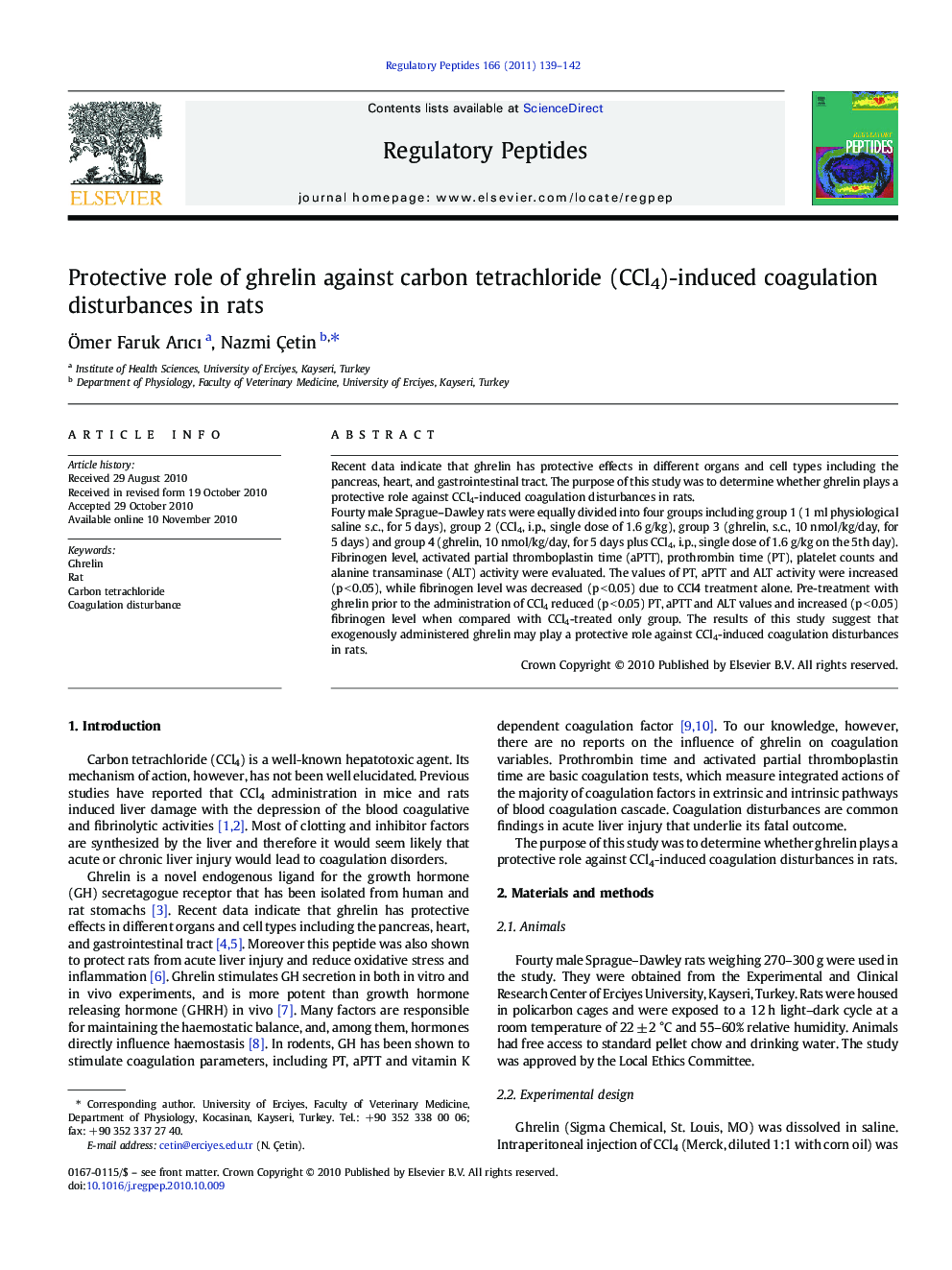 Protective role of ghrelin against carbon tetrachloride (CCl4)-induced coagulation disturbances in rats