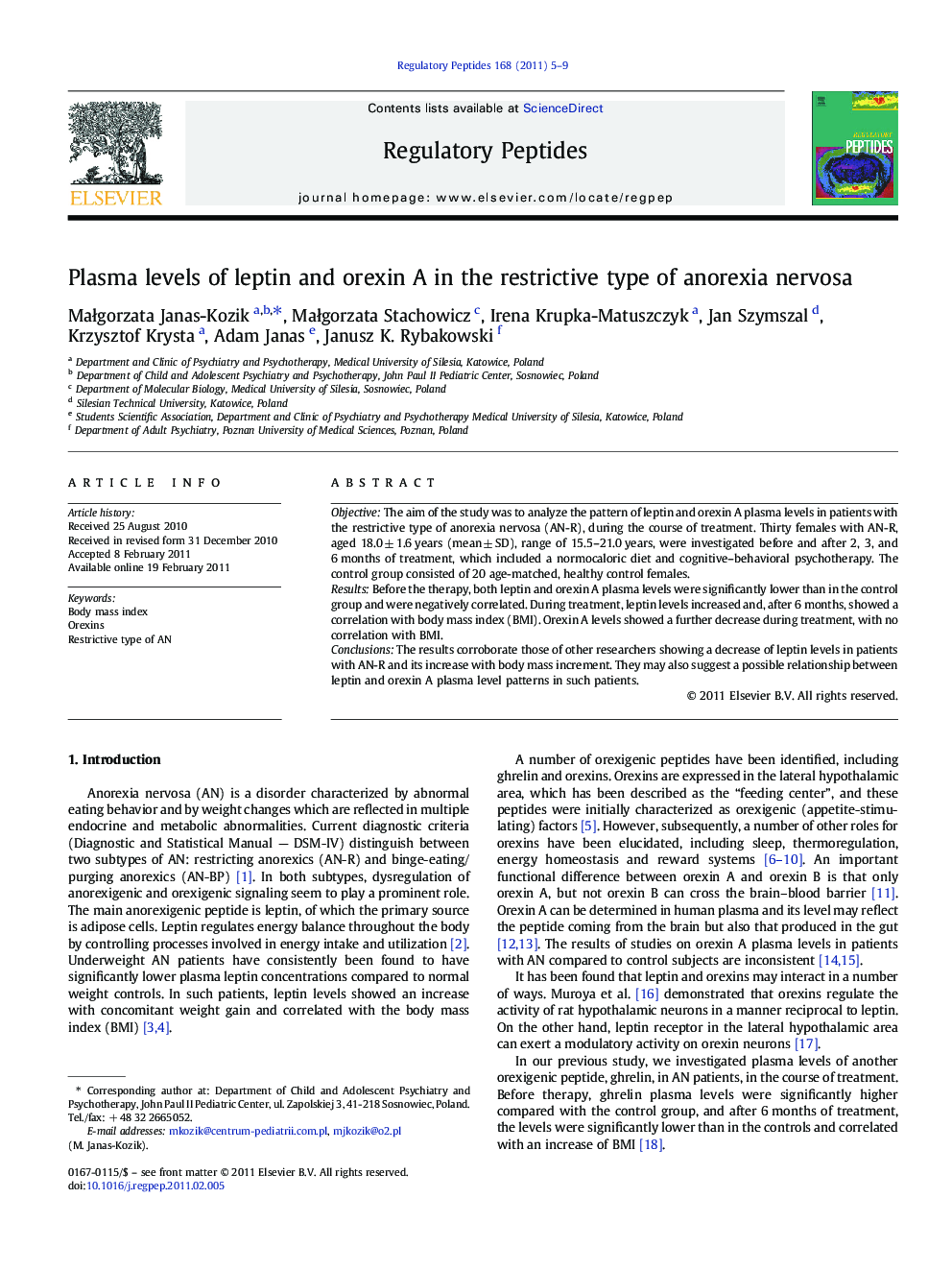 Plasma levels of leptin and orexin A in the restrictive type of anorexia nervosa