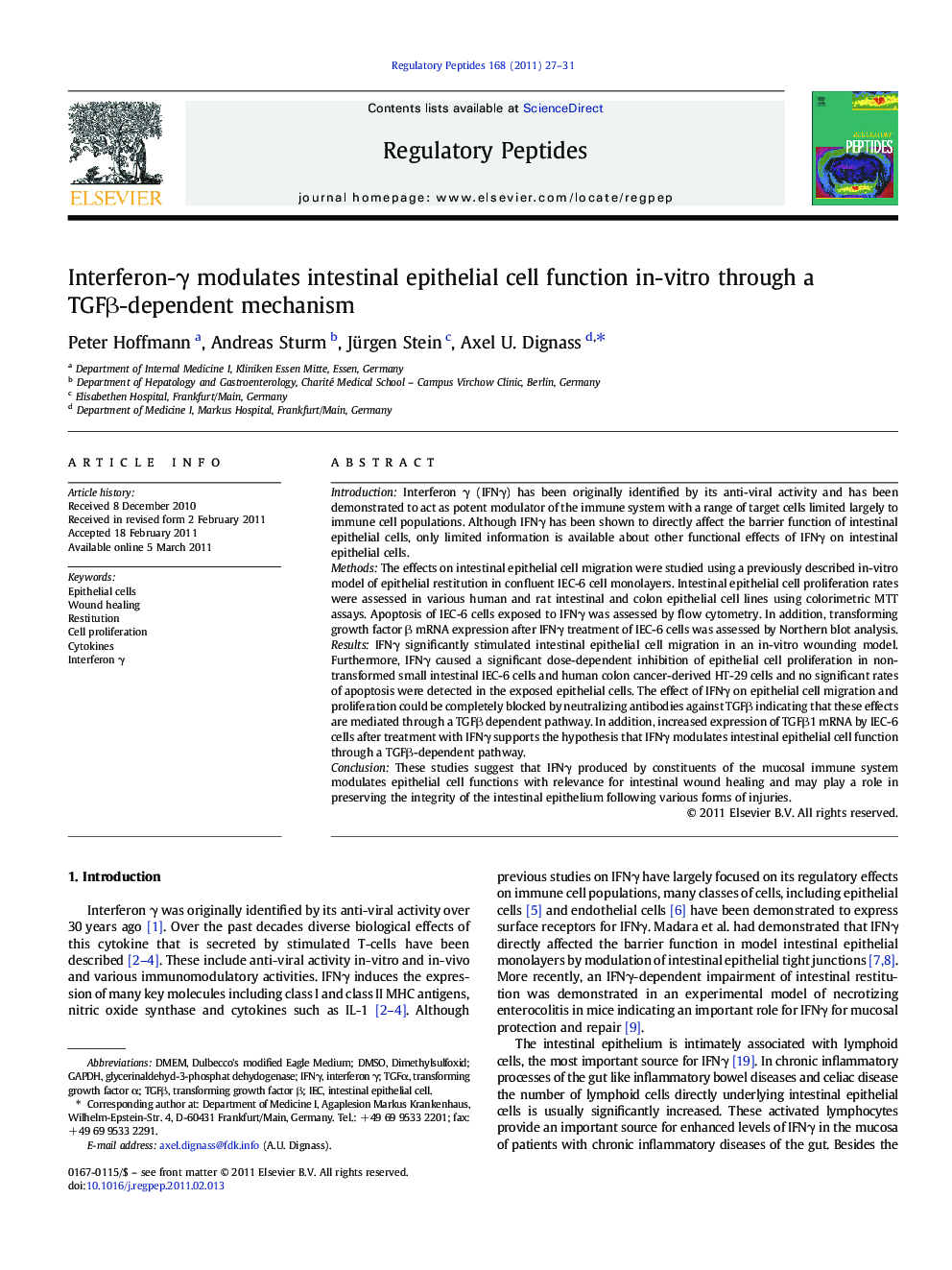 Interferon-γ modulates intestinal epithelial cell function in-vitro through a TGFβ-dependent mechanism