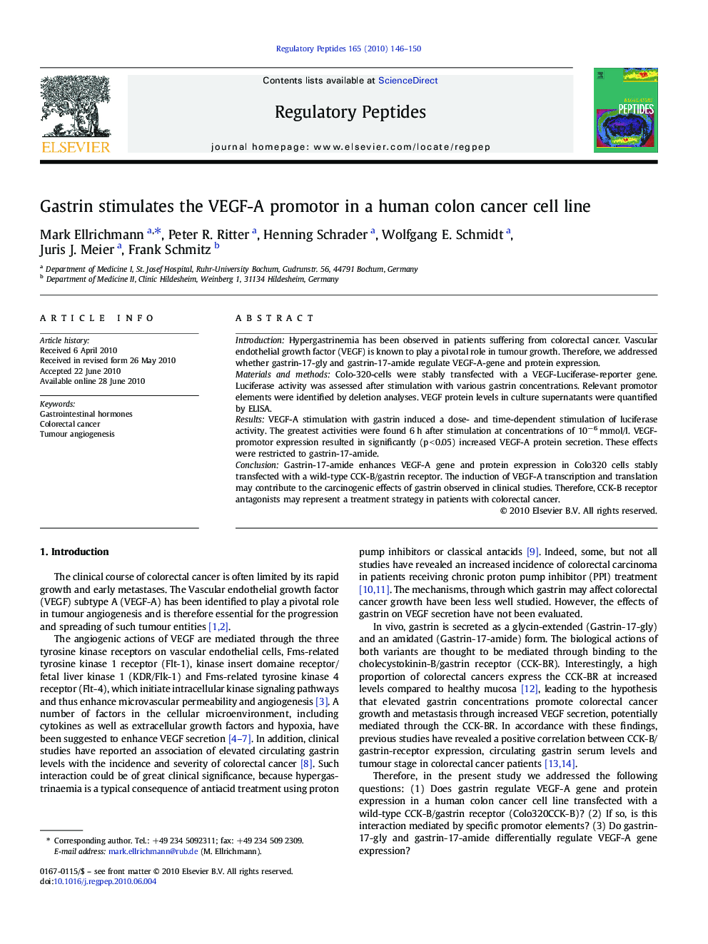 Gastrin stimulates the VEGF-A promotor in a human colon cancer cell line