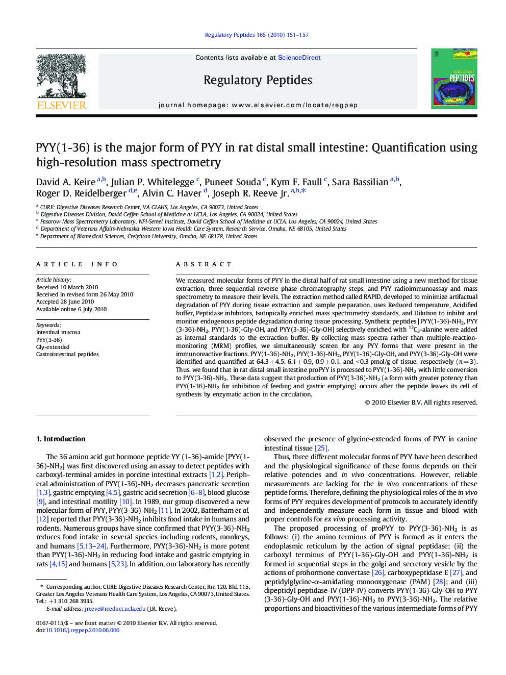 PYY(1-36) is the major form of PYY in rat distal small intestine: Quantification using high-resolution mass spectrometry