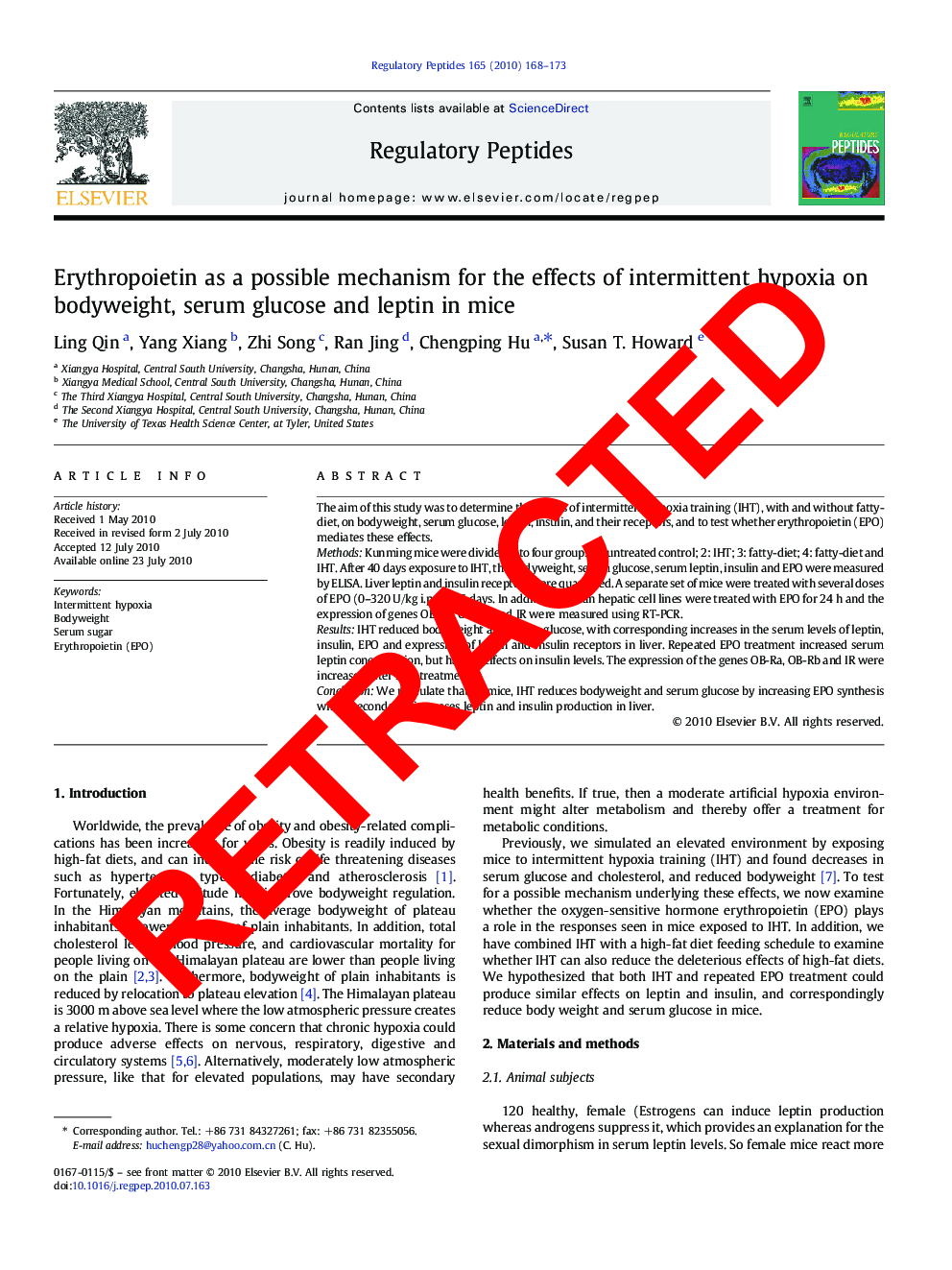 RETRACTED: Erythropoietin as a possible mechanism for the effects of intermittent hypoxia on bodyweight, serum glucose and leptin in mice