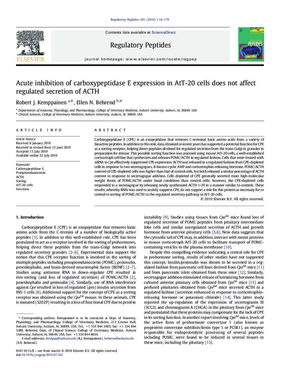 Acute inhibition of carboxypeptidase E expression in AtT-20 cells does not affect regulated secretion of ACTH