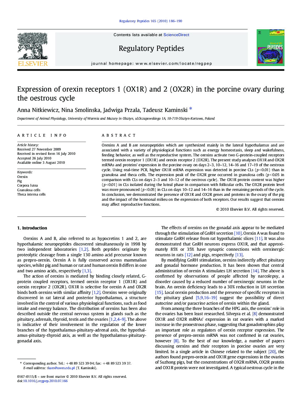 Expression of orexin receptors 1 (OX1R) and 2 (OX2R) in the porcine ovary during the oestrous cycle