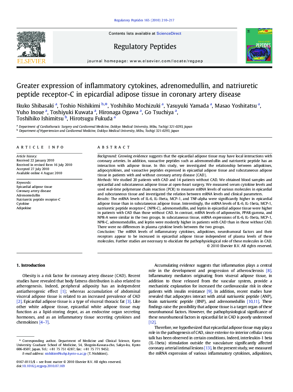 Greater expression of inflammatory cytokines, adrenomedullin, and natriuretic peptide receptor-C in epicardial adipose tissue in coronary artery disease