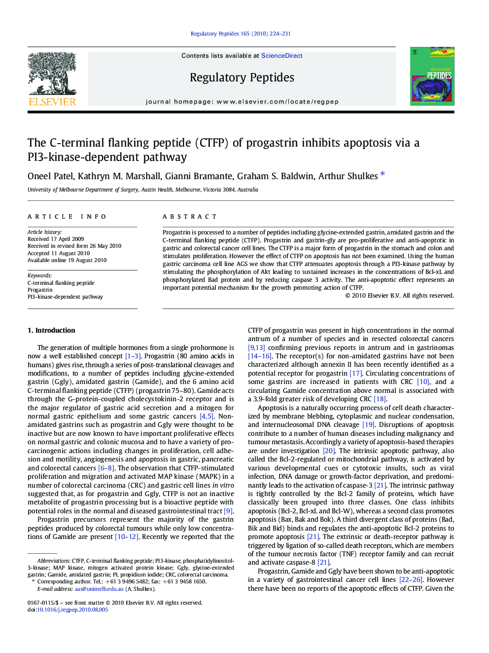 The C-terminal flanking peptide (CTFP) of progastrin inhibits apoptosis via a PI3-kinase-dependent pathway