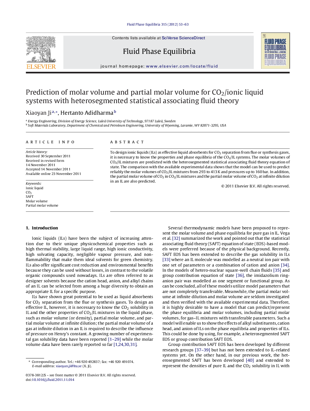 Prediction of molar volume and partial molar volume for CO2/ionic liquid systems with heterosegmented statistical associating fluid theory