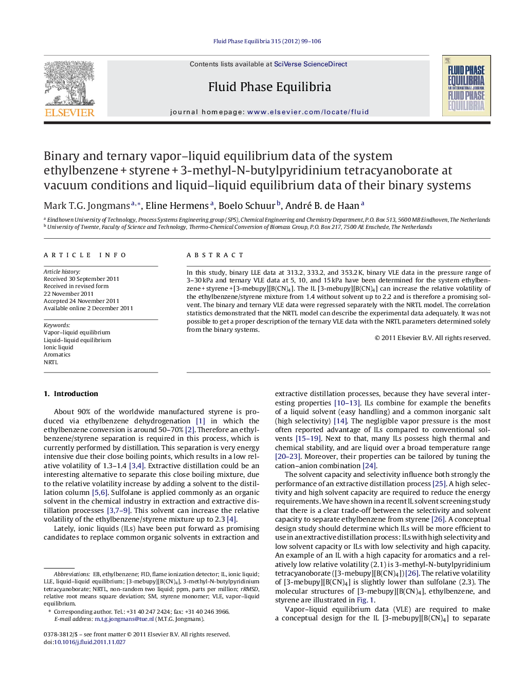 Binary and ternary vapor–liquid equilibrium data of the system ethylbenzene + styrene + 3-methyl-N-butylpyridinium tetracyanoborate at vacuum conditions and liquid–liquid equilibrium data of their binary systems