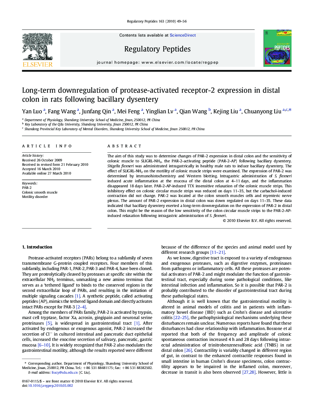 Long-term downregulation of protease-activated receptor-2 expression in distal colon in rats following bacillary dysentery