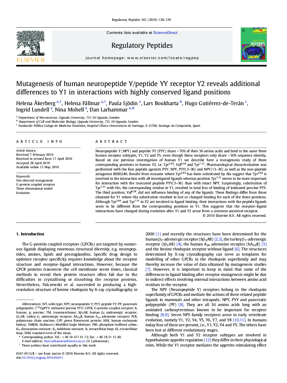 Mutagenesis of human neuropeptide Y/peptide YY receptor Y2 reveals additional differences to Y1 in interactions with highly conserved ligand positions