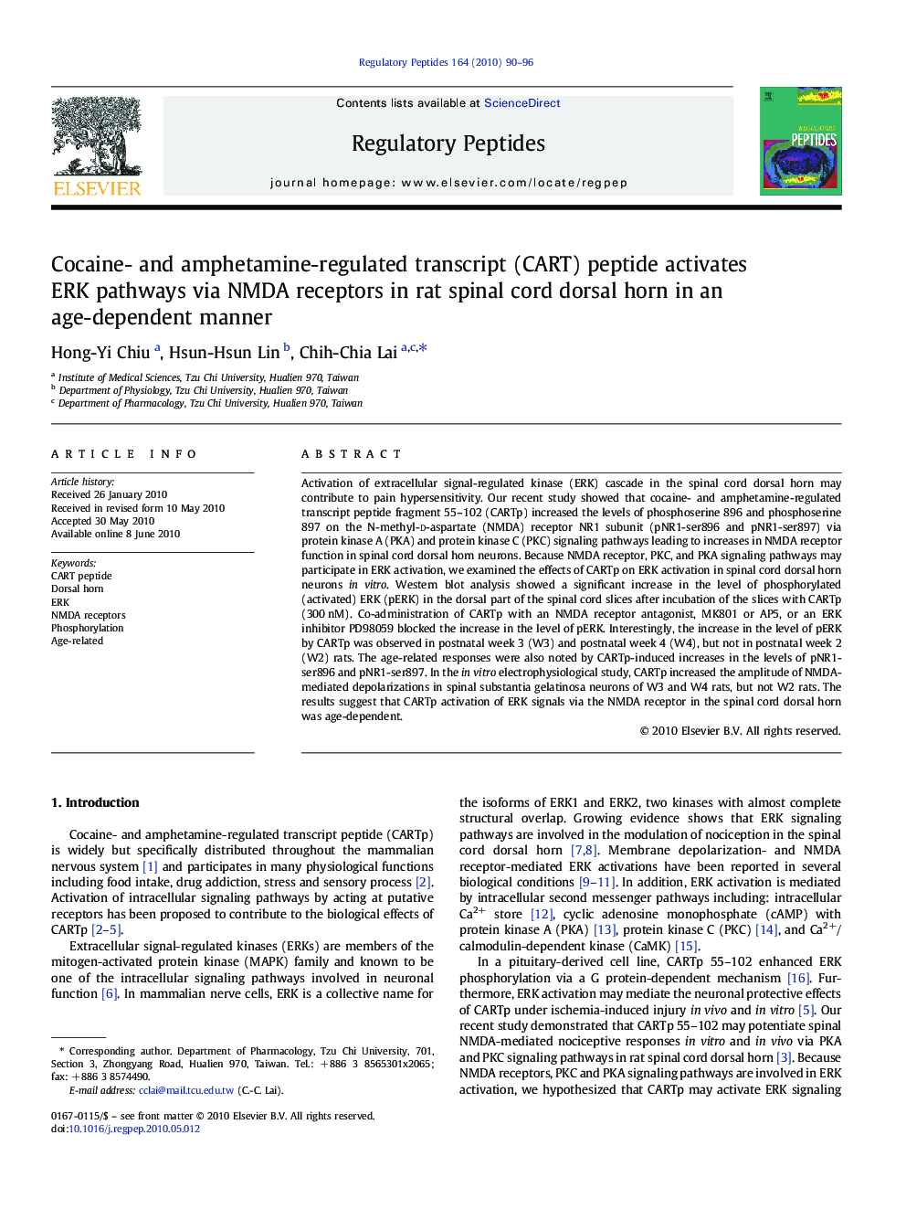 Cocaine- and amphetamine-regulated transcript (CART) peptide activates ERK pathways via NMDA receptors in rat spinal cord dorsal horn in an age-dependent manner