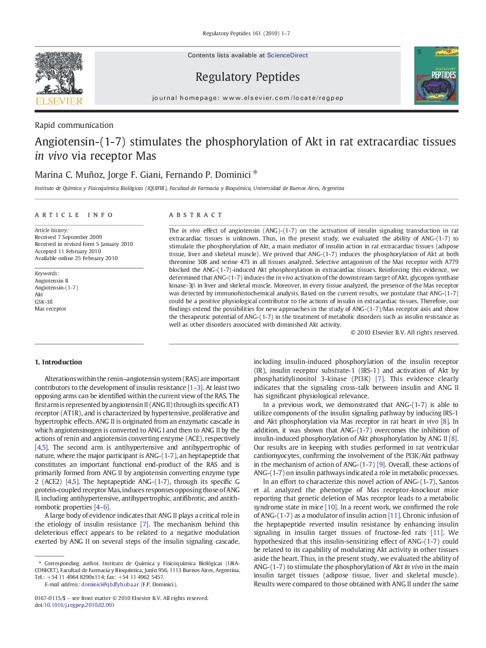 Angiotensin-(1-7) stimulates the phosphorylation of Akt in rat extracardiac tissues in vivo via receptor Mas