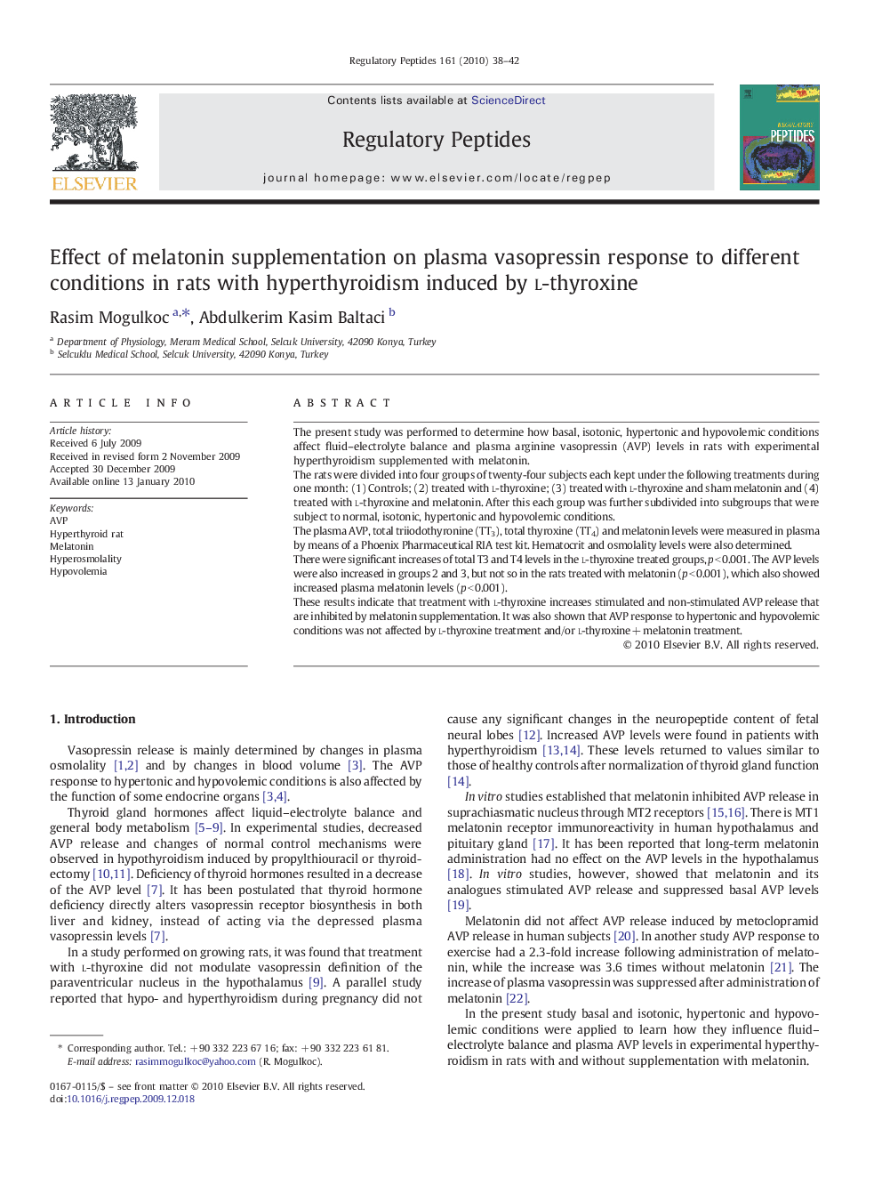 Effect of melatonin supplementation on plasma vasopressin response to different conditions in rats with hyperthyroidism induced by l-thyroxine