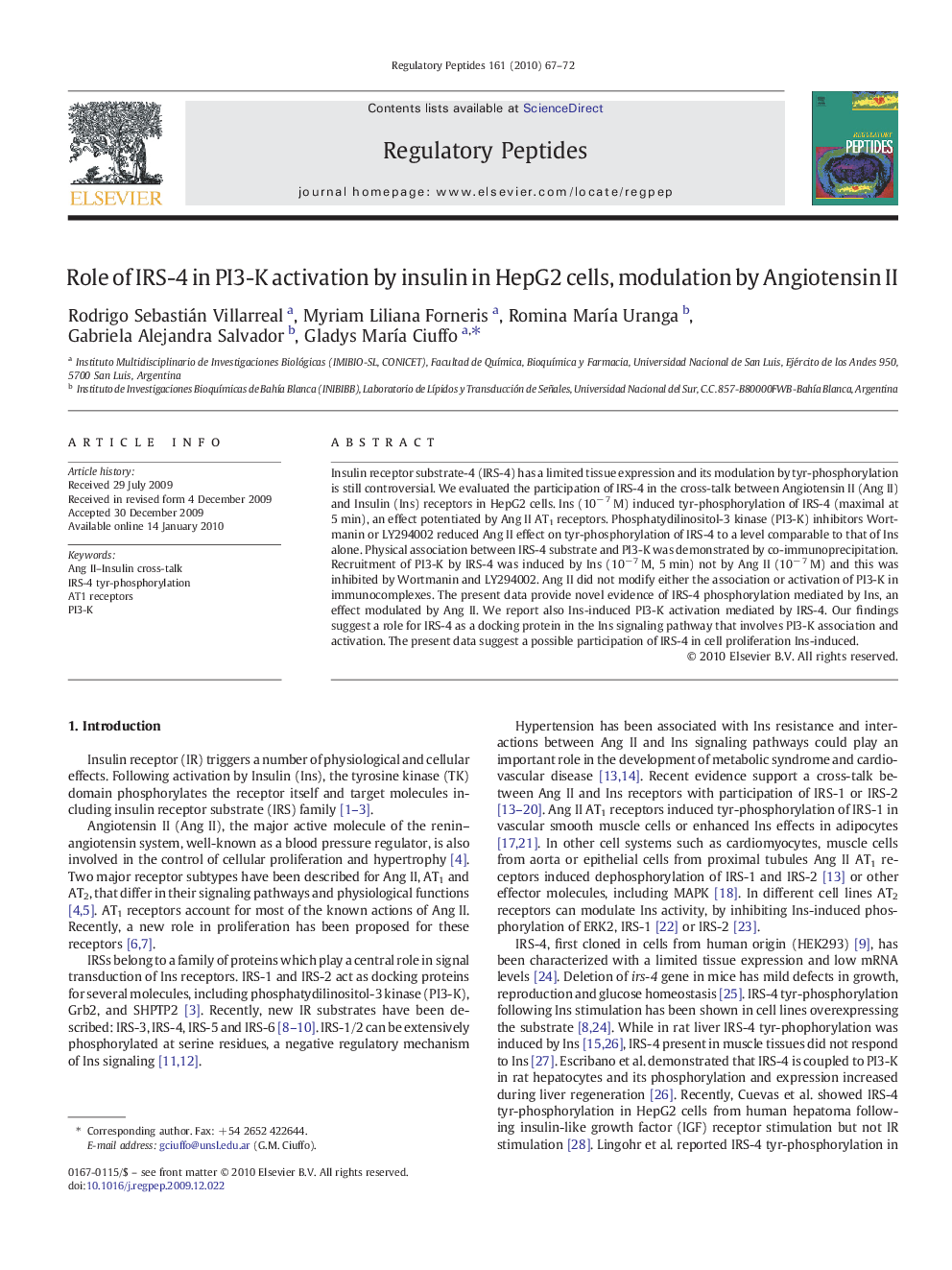 Role of IRS-4 in PI3-K activation by insulin in HepG2 cells, modulation by Angiotensin II