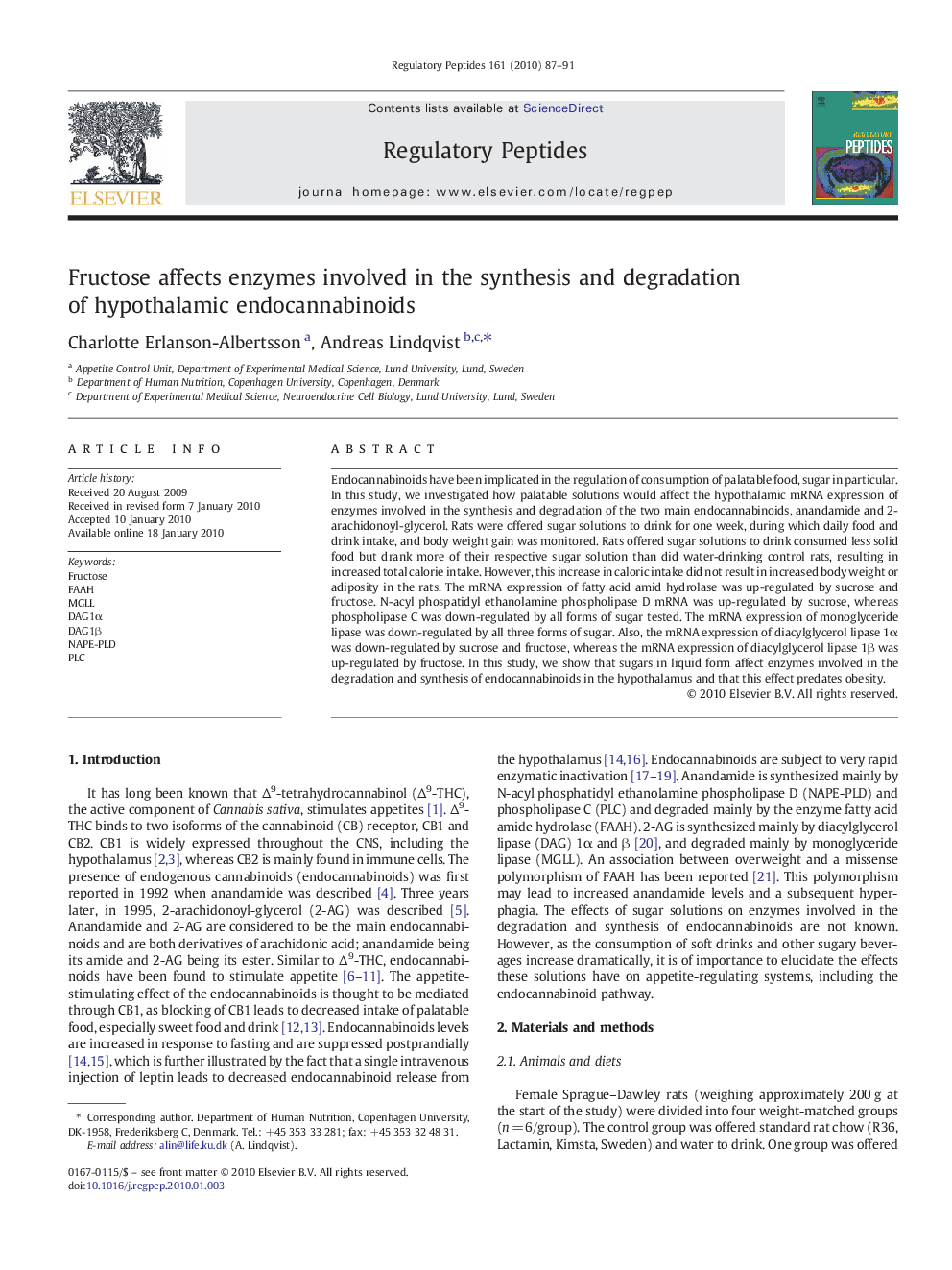 Fructose affects enzymes involved in the synthesis and degradation of hypothalamic endocannabinoids