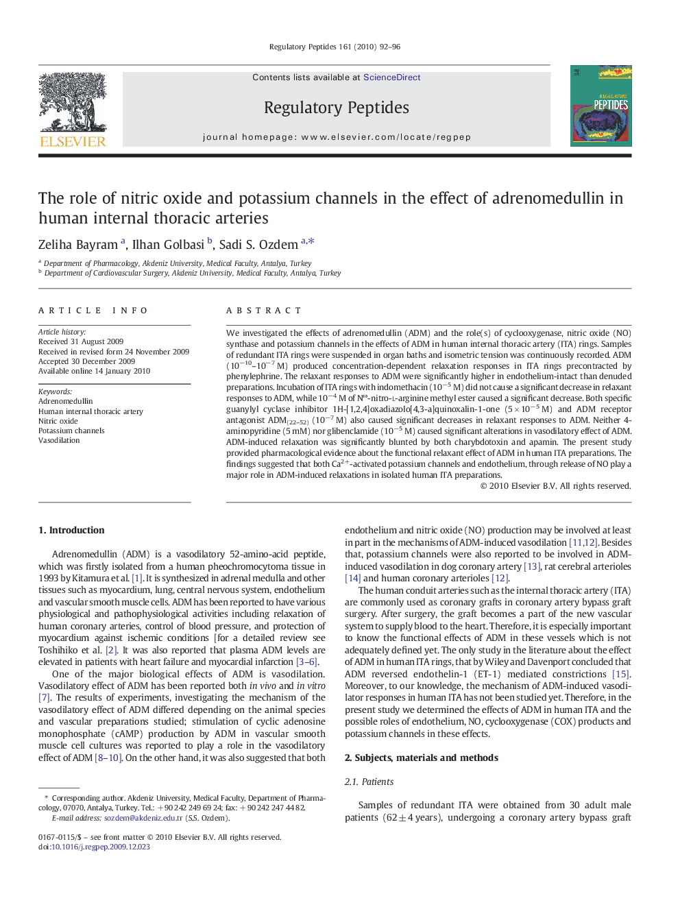 The role of nitric oxide and potassium channels in the effect of adrenomedullin in human internal thoracic arteries