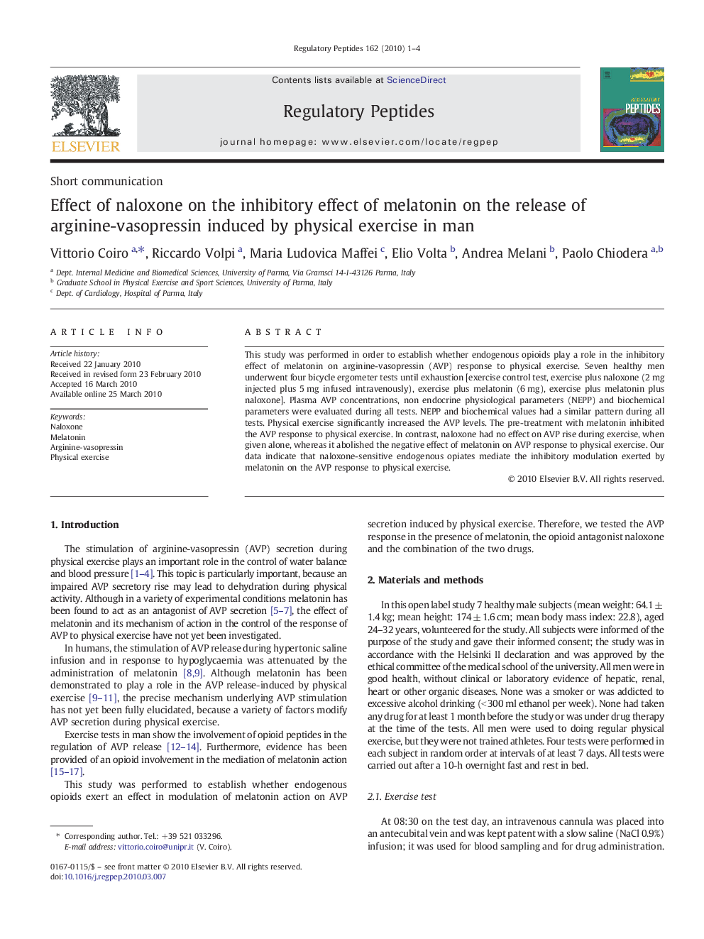 Effect of naloxone on the inhibitory effect of melatonin on the release of arginine-vasopressin induced by physical exercise in man