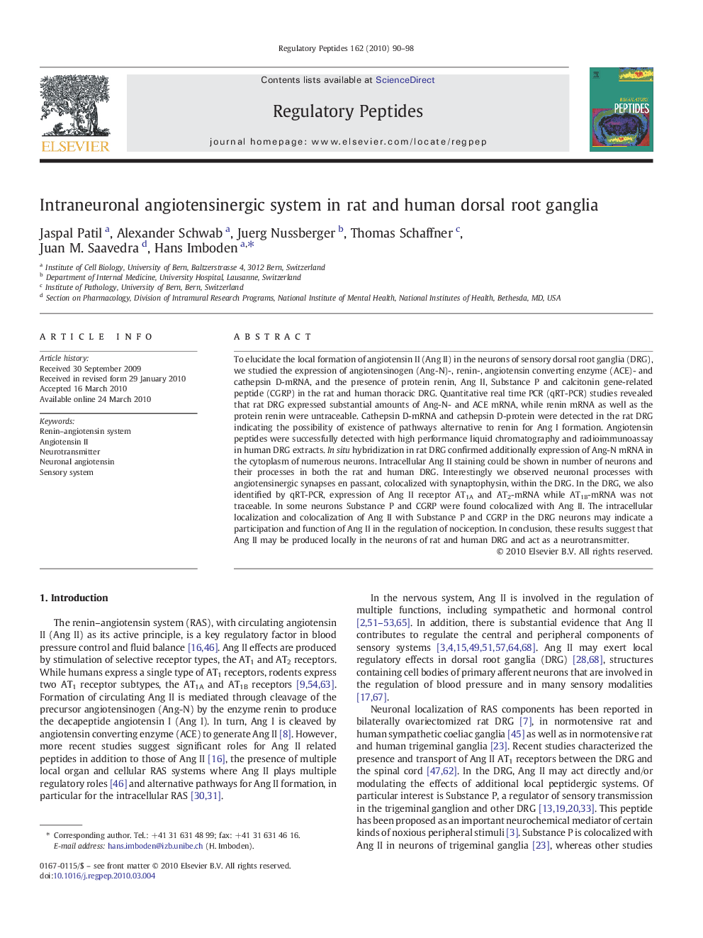 Intraneuronal angiotensinergic system in rat and human dorsal root ganglia