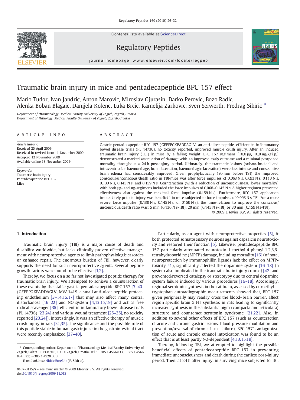 Traumatic brain injury in mice and pentadecapeptide BPC 157 effect