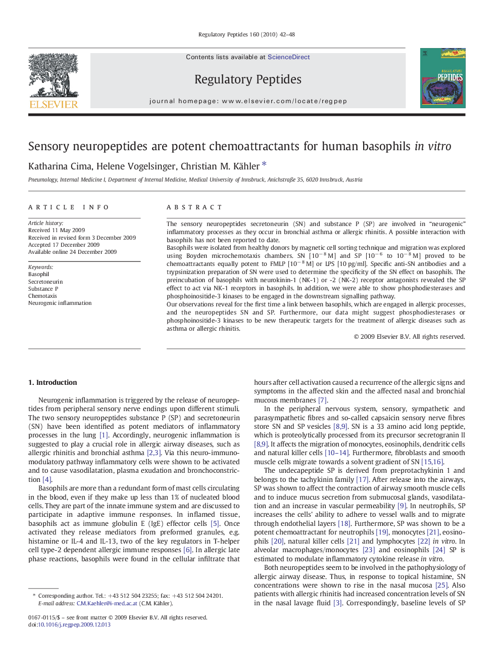 Sensory neuropeptides are potent chemoattractants for human basophils in vitro