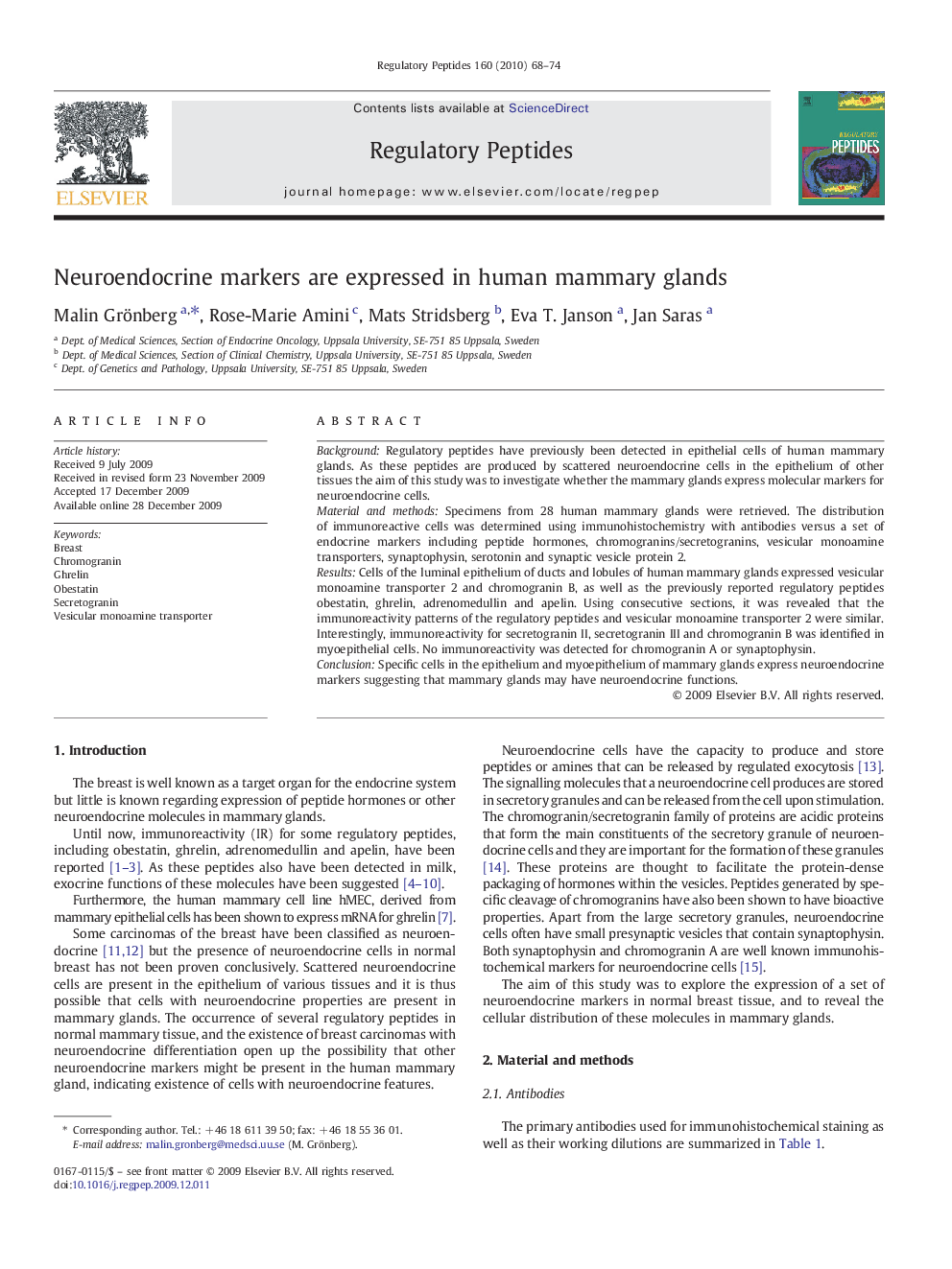 Neuroendocrine markers are expressed in human mammary glands