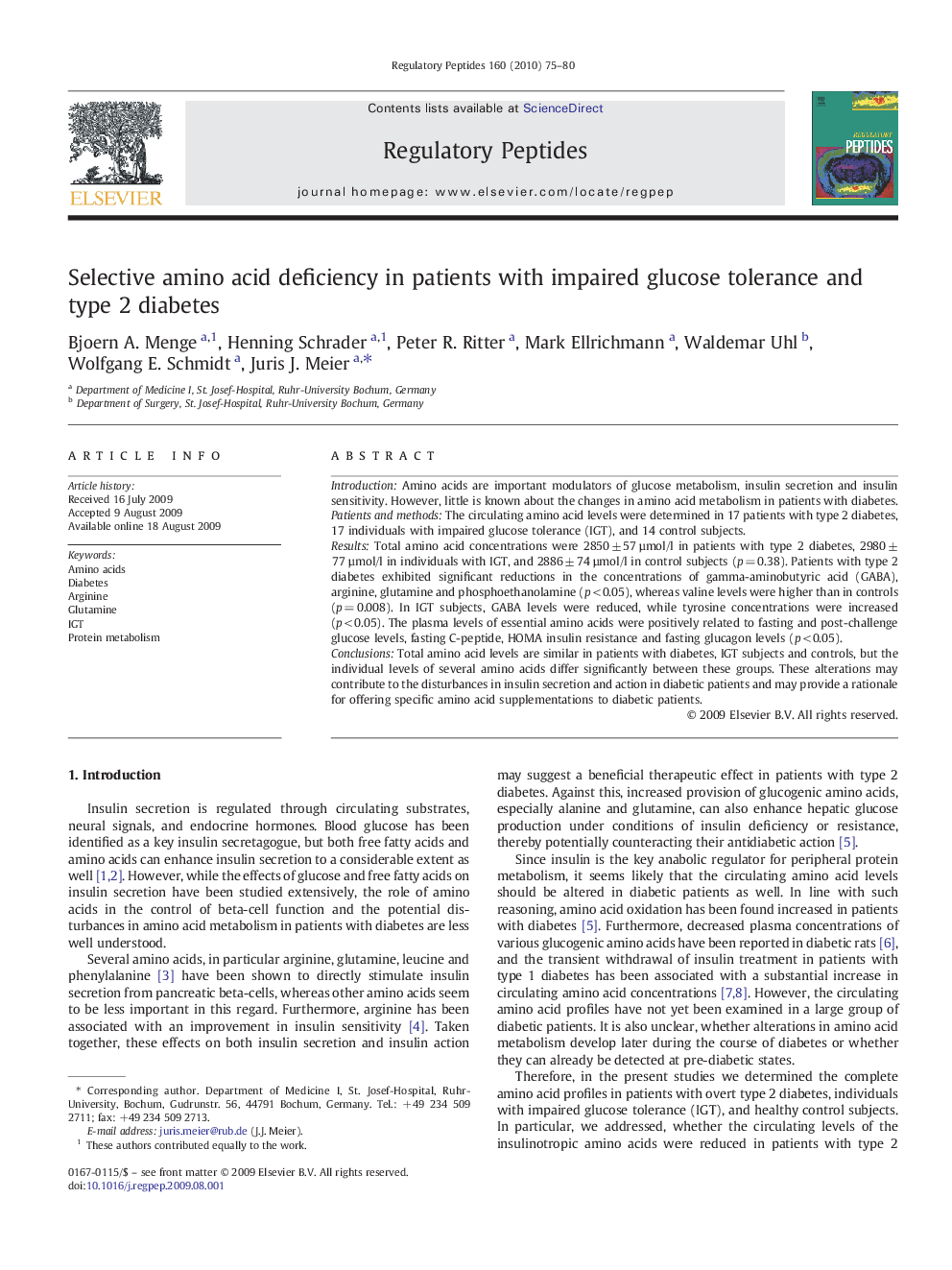 Selective amino acid deficiency in patients with impaired glucose tolerance and type 2 diabetes