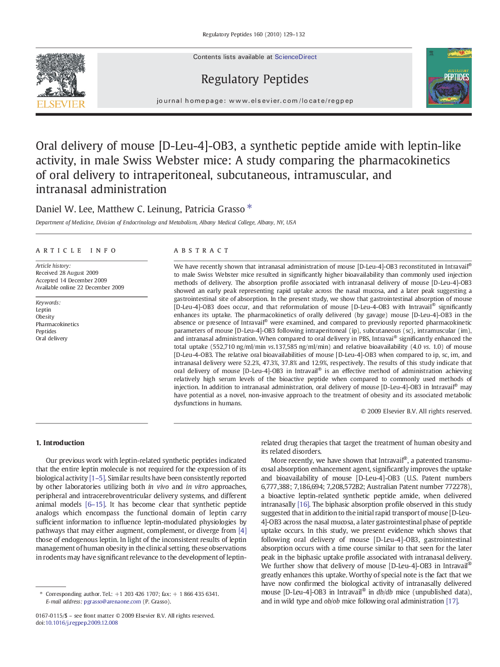 Oral delivery of mouse [D-Leu-4]-OB3, a synthetic peptide amide with leptin-like activity, in male Swiss Webster mice: A study comparing the pharmacokinetics of oral delivery to intraperitoneal, subcutaneous, intramuscular, and intranasal administration