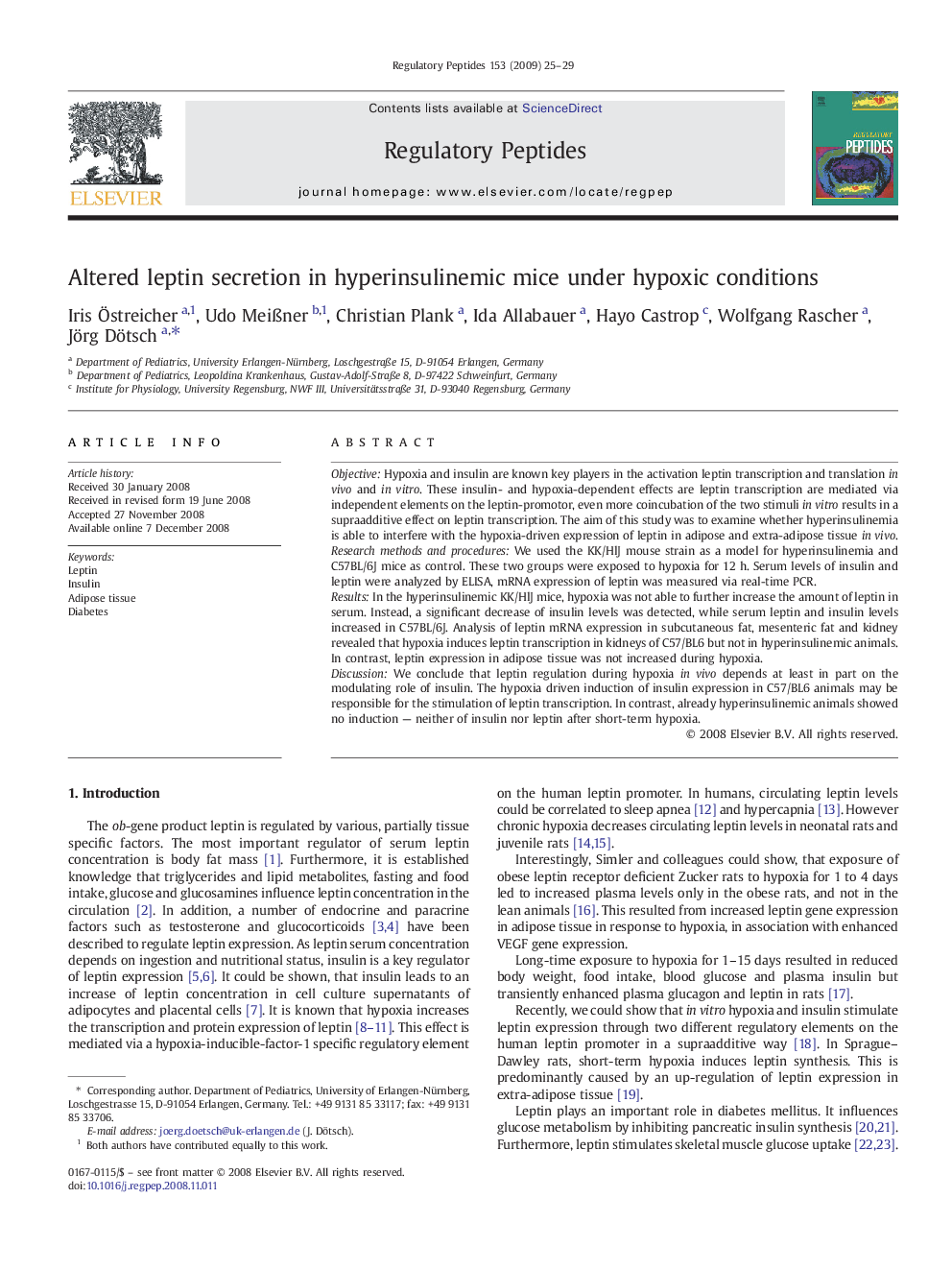 Altered leptin secretion in hyperinsulinemic mice under hypoxic conditions