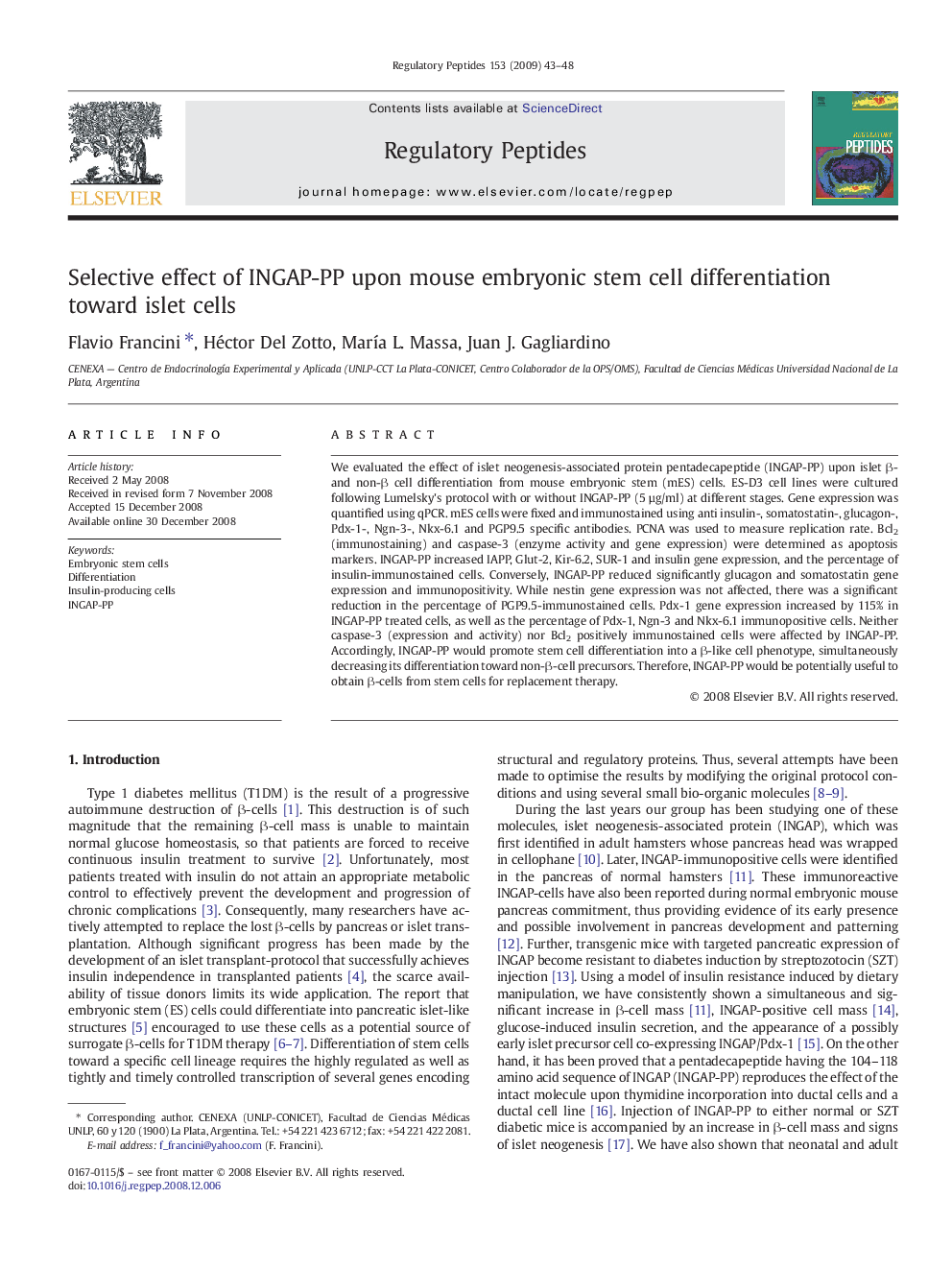 Selective effect of INGAP-PP upon mouse embryonic stem cell differentiation toward islet cells