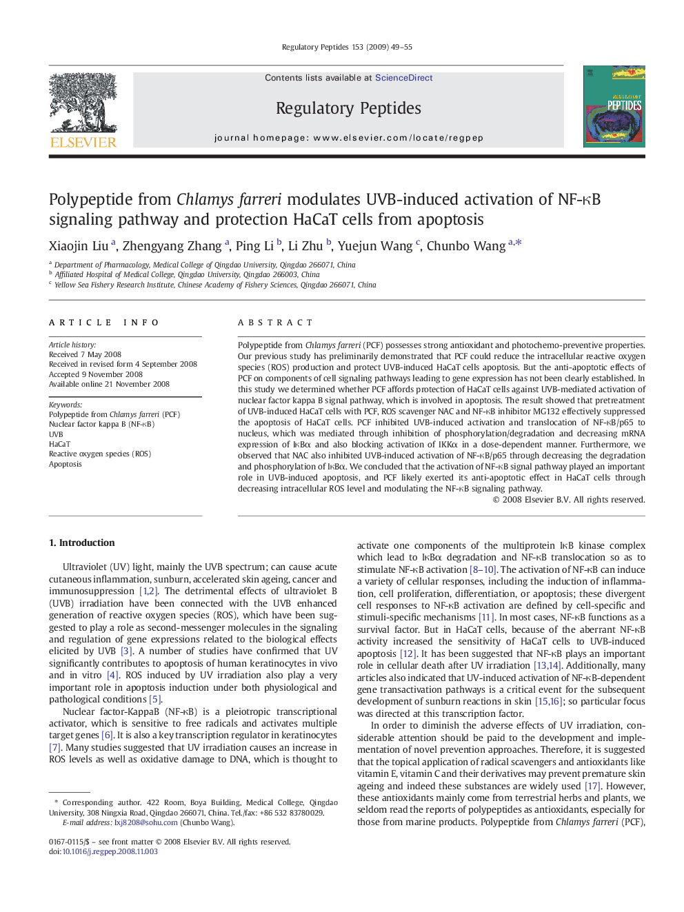 Polypeptide from Chlamys farreri modulates UVB-induced activation of NF-κB signaling pathway and protection HaCaT cells from apoptosis