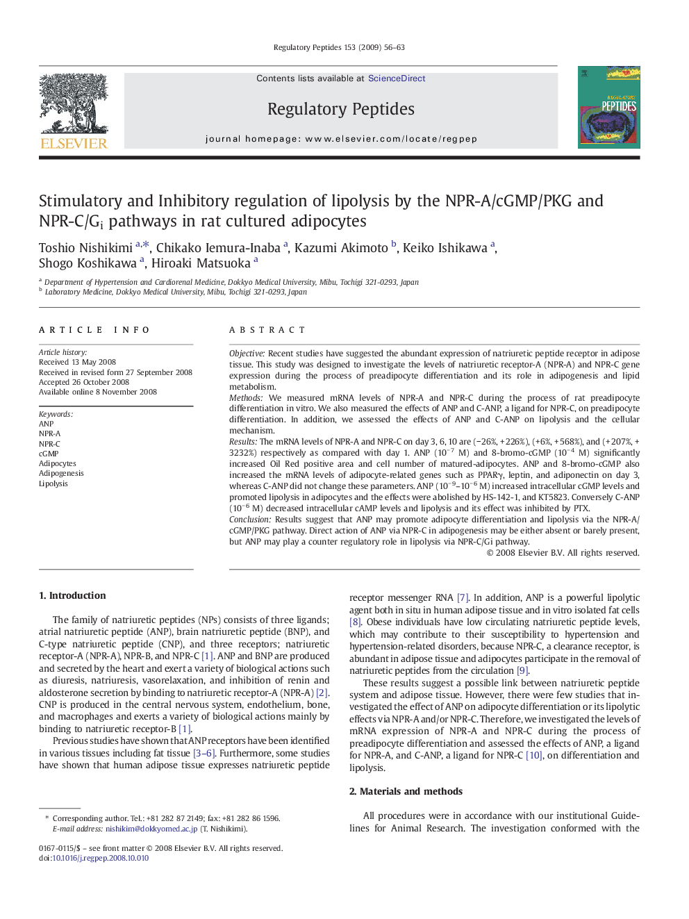 Stimulatory and Inhibitory regulation of lipolysis by the NPR-A/cGMP/PKG and NPR-C/Gi pathways in rat cultured adipocytes