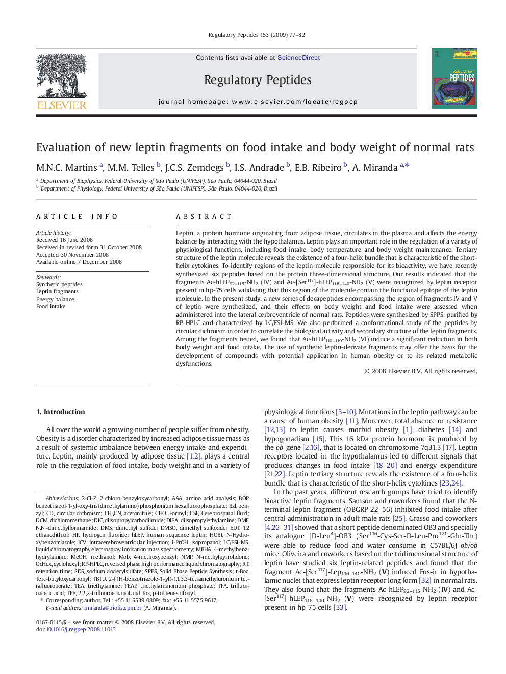 Evaluation of new leptin fragments on food intake and body weight of normal rats