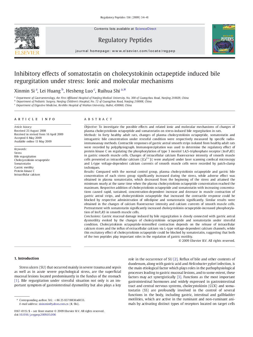 Inhibitory effects of somatostatin on cholecystokinin octapeptide induced bile regurgitation under stress: Ionic and molecular mechanisms