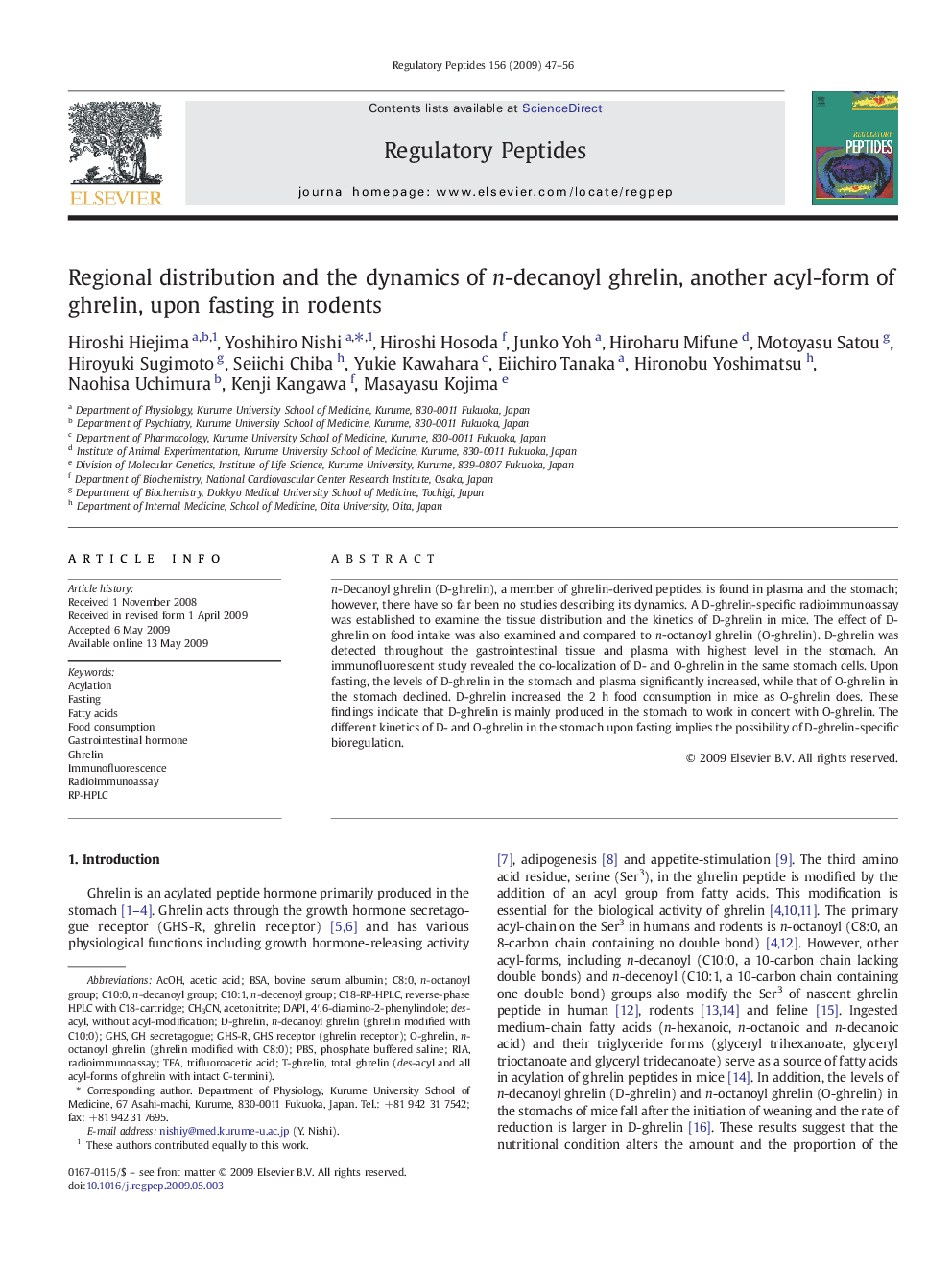 Regional distribution and the dynamics of n-decanoyl ghrelin, another acyl-form of ghrelin, upon fasting in rodents