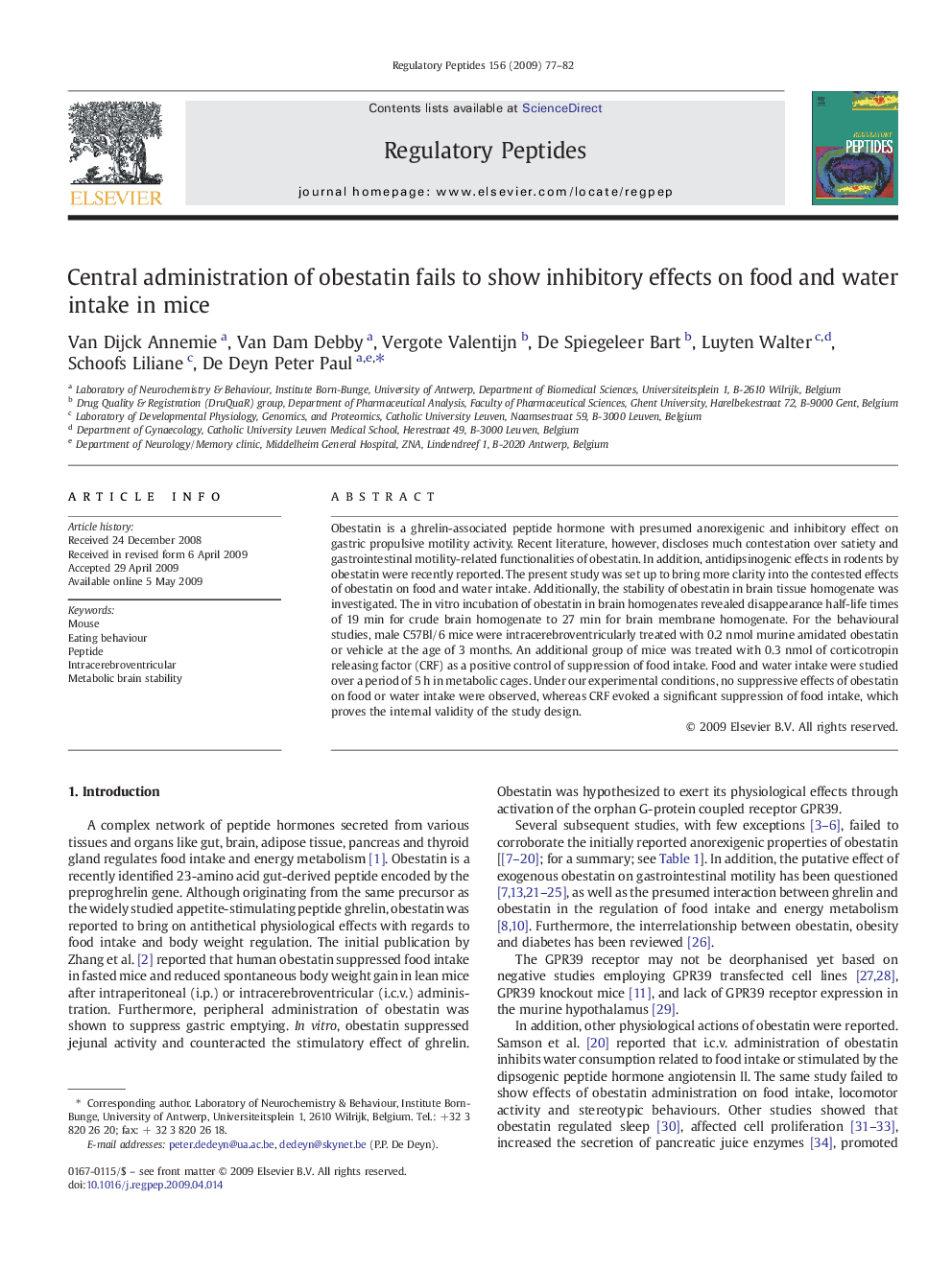 Central administration of obestatin fails to show inhibitory effects on food and water intake in mice