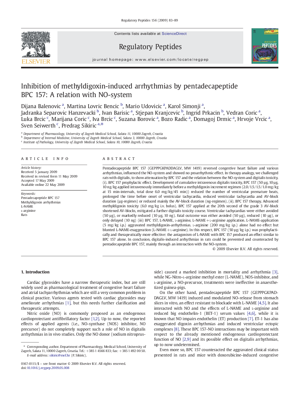 Inhibition of methyldigoxin-induced arrhythmias by pentadecapeptide BPC 157: A relation with NO-system