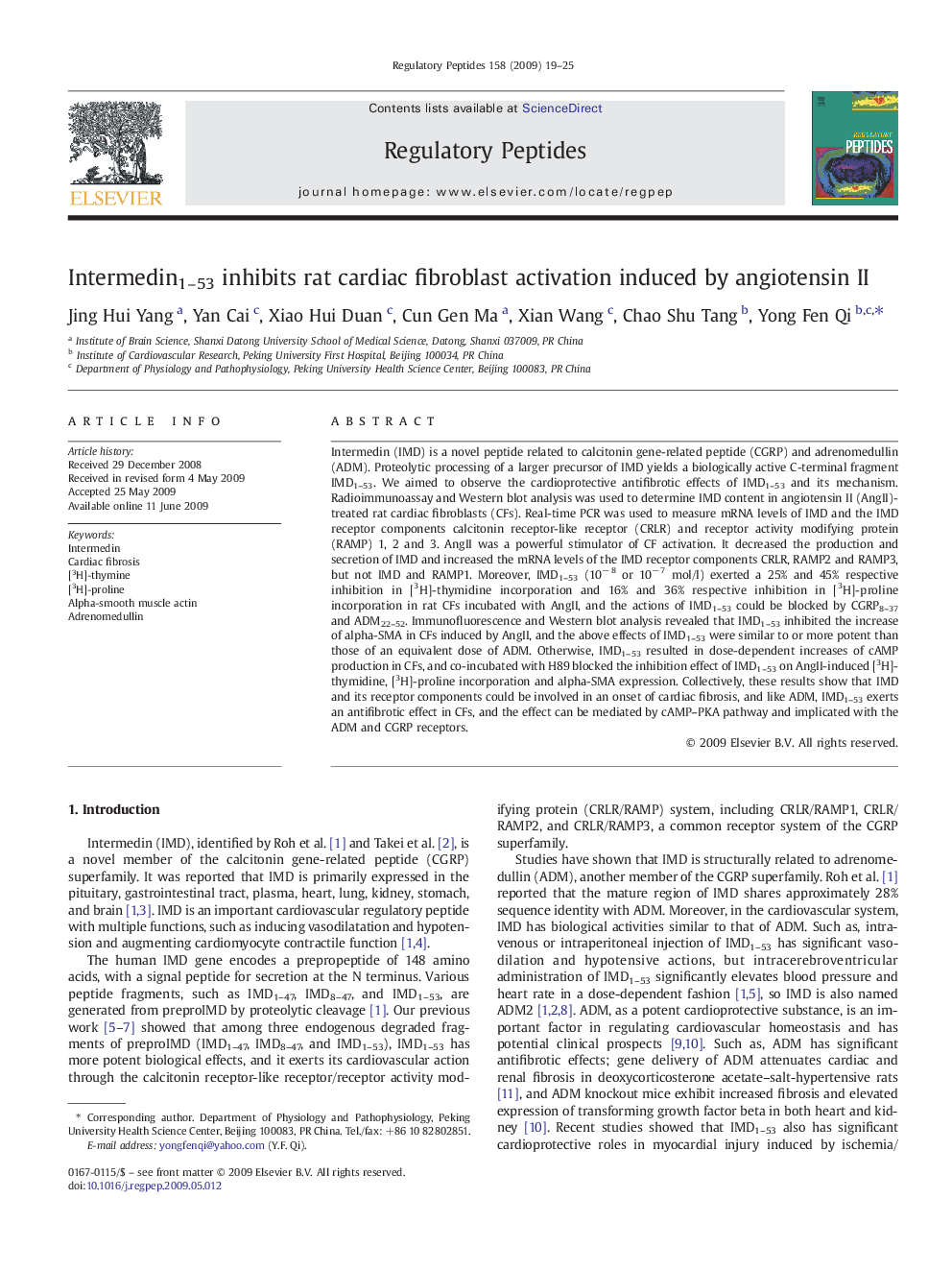 Intermedin1–53 inhibits rat cardiac fibroblast activation induced by angiotensin II