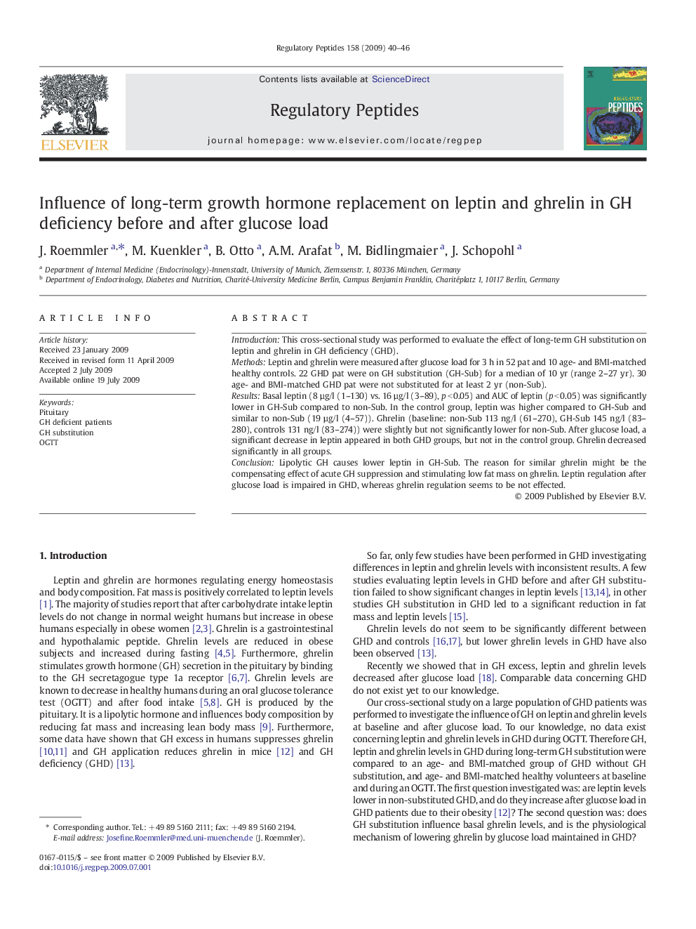 Influence of long-term growth hormone replacement on leptin and ghrelin in GH deficiency before and after glucose load