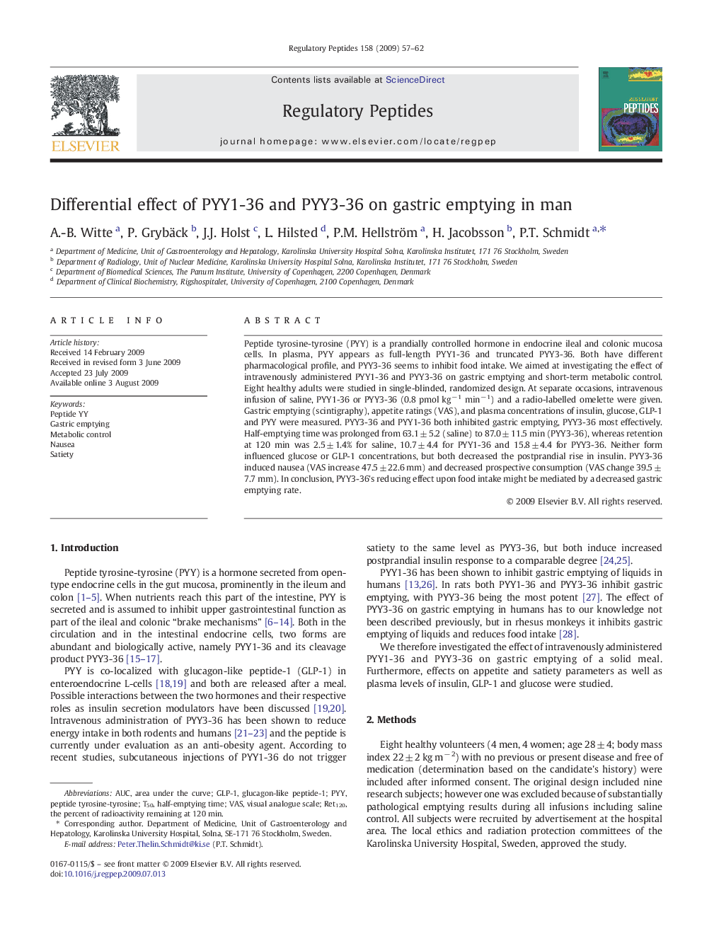 Differential effect of PYY1-36 and PYY3-36 on gastric emptying in man