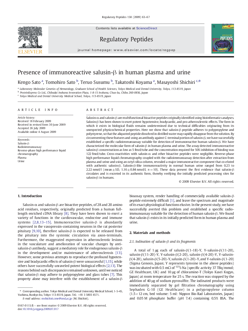 Presence of immunoreactive salusin-β in human plasma and urine