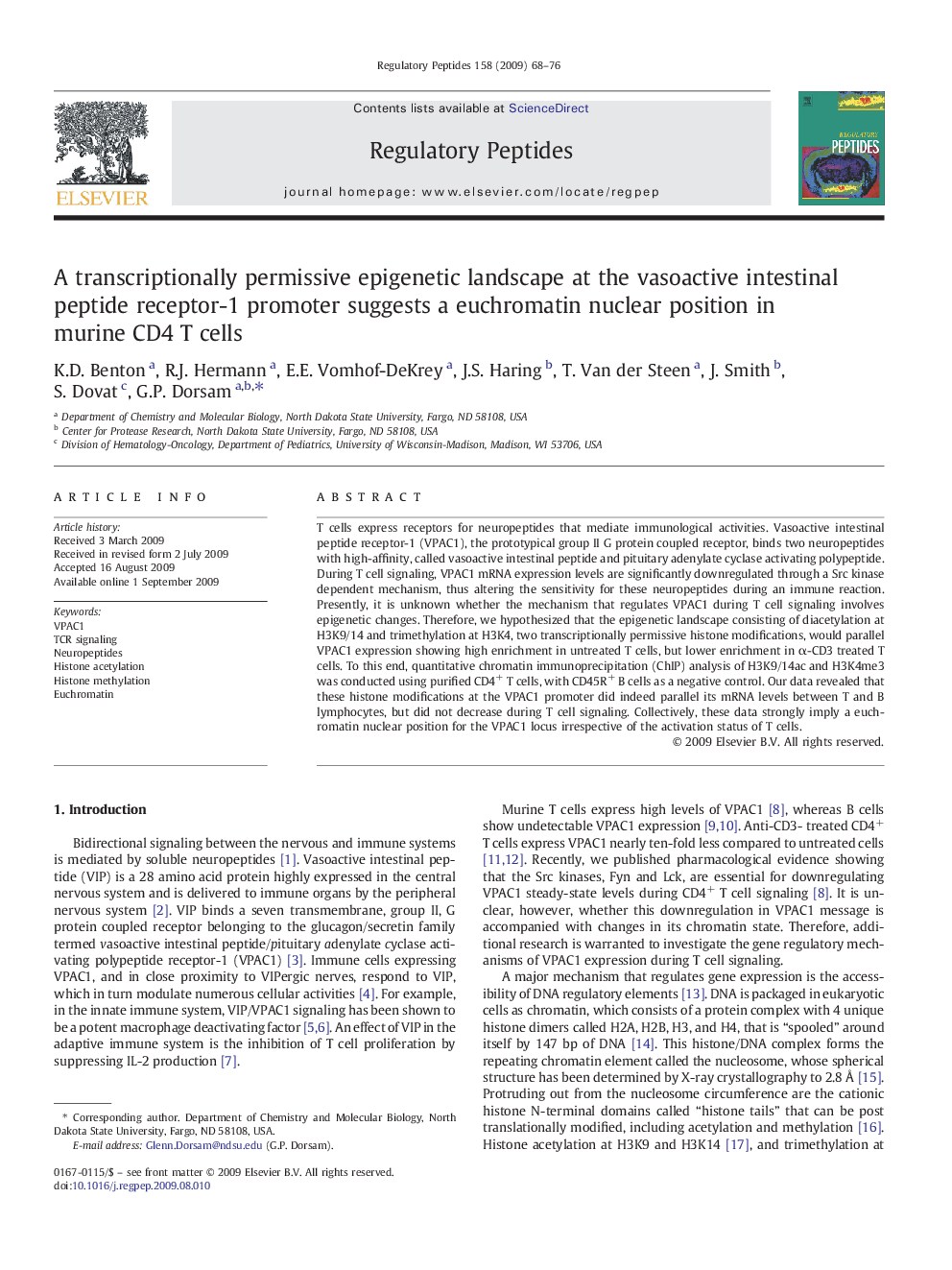 A transcriptionally permissive epigenetic landscape at the vasoactive intestinal peptide receptor-1 promoter suggests a euchromatin nuclear position in murine CD4 T cells