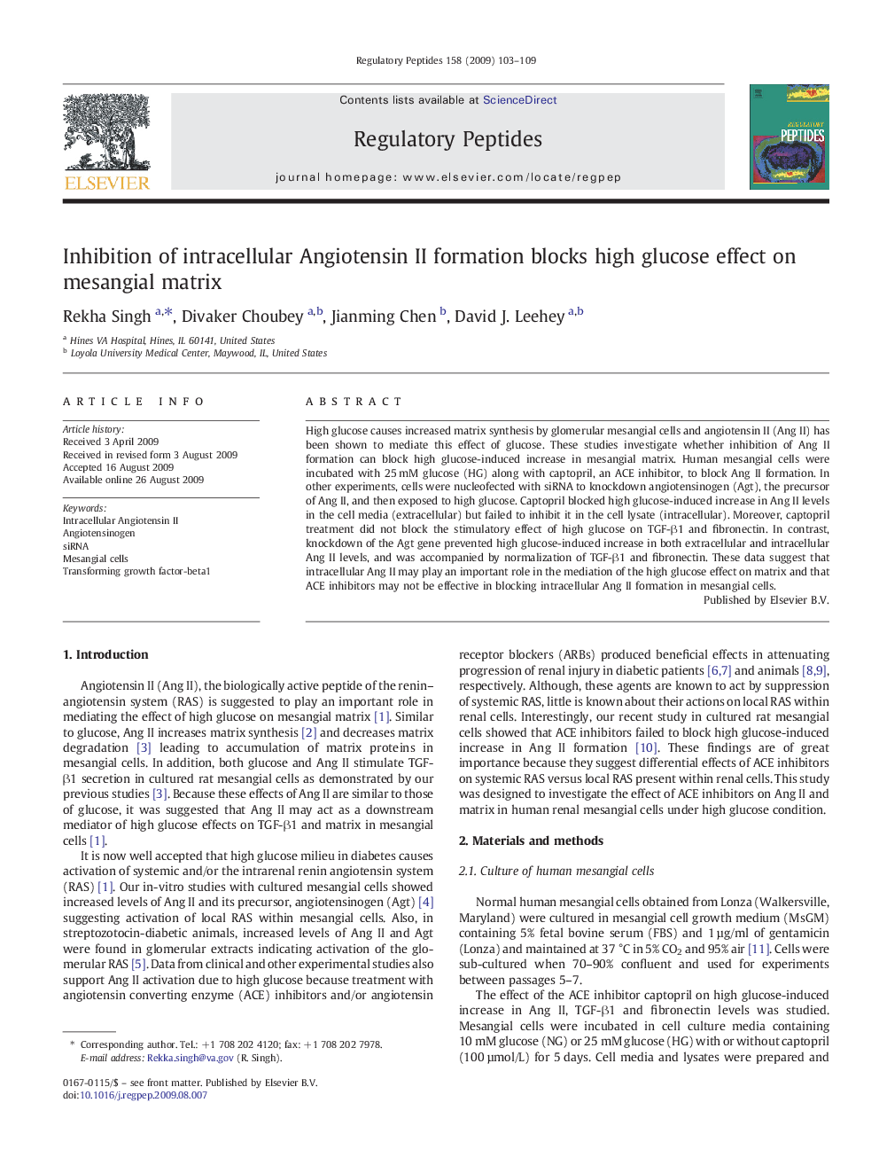 Inhibition of intracellular Angiotensin II formation blocks high glucose effect on mesangial matrix