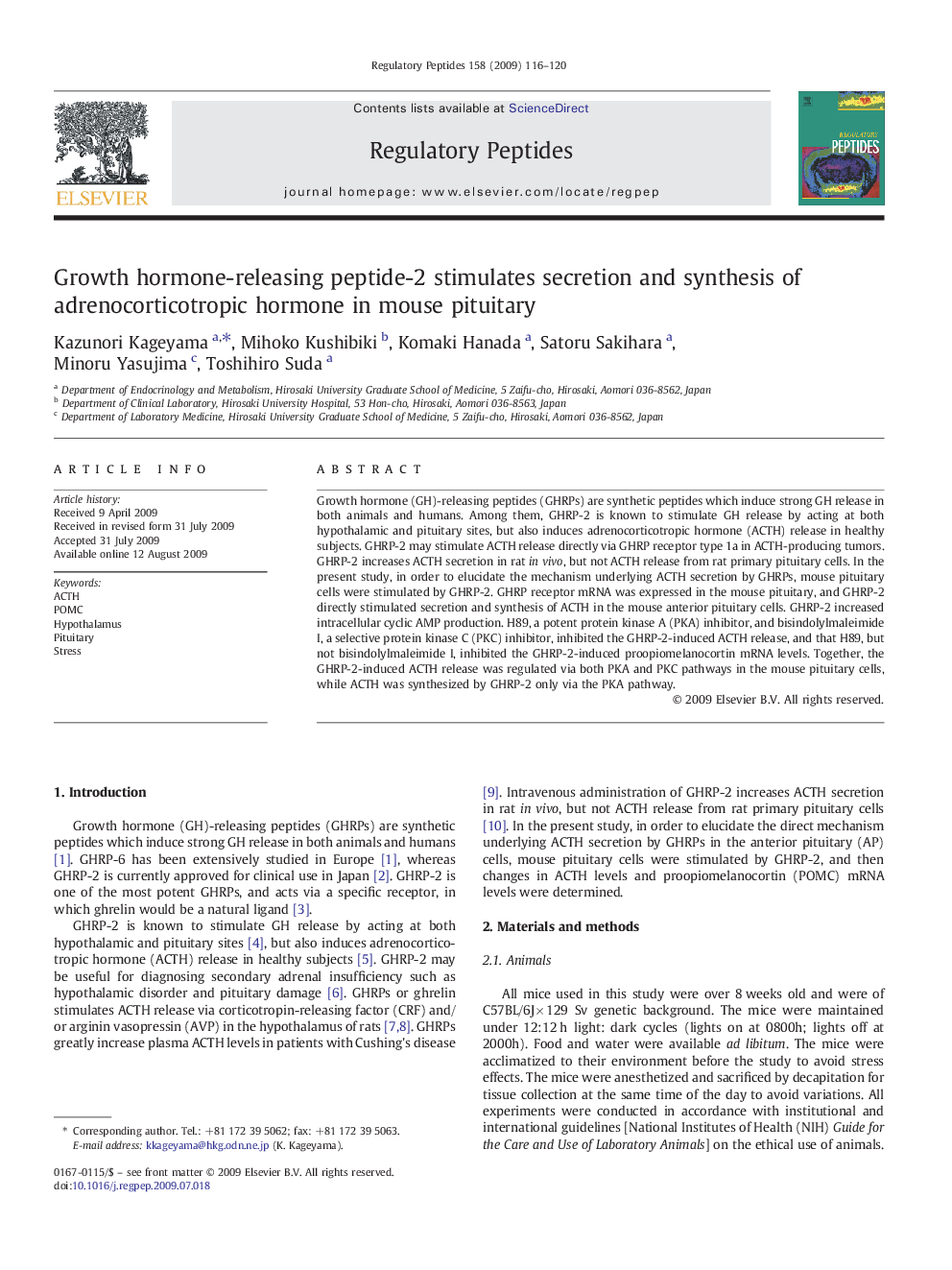 Growth hormone-releasing peptide-2 stimulates secretion and synthesis of adrenocorticotropic hormone in mouse pituitary